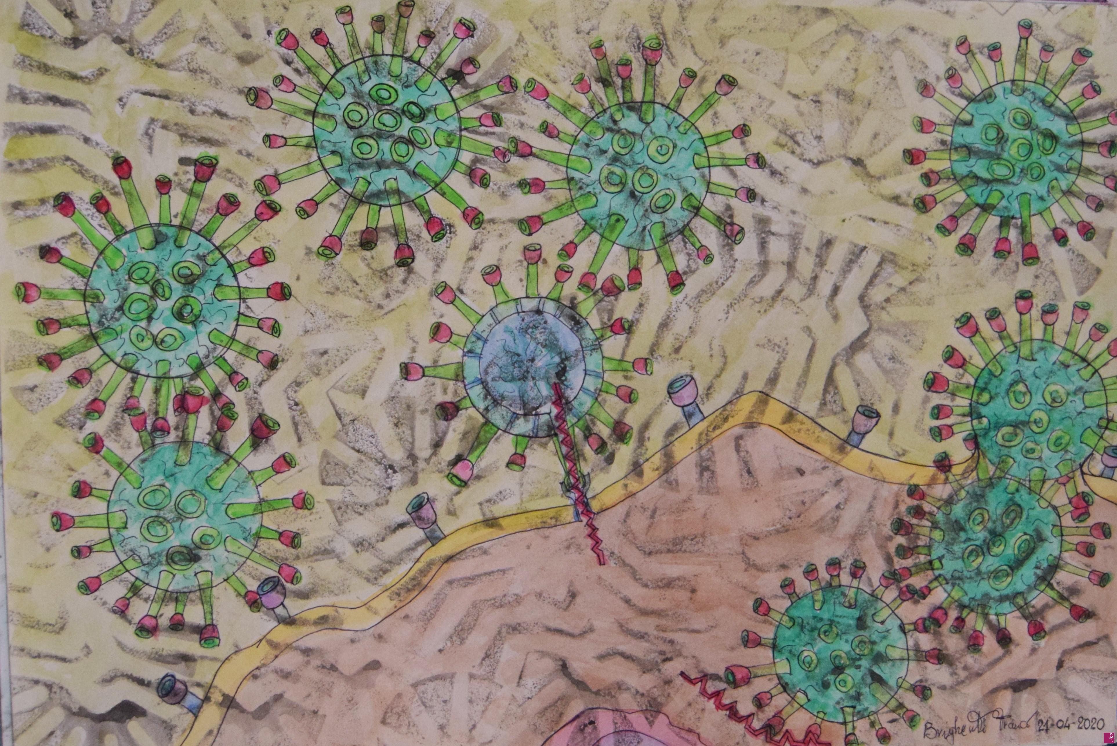 quadri in vendita online - Come fa un insetto sulla nostra pelle anche il Covid 19 si innesta sopra una cellula e scarica all'internodi essa il suo "RNA" a sua volta L'RNA si moltiplica in tanti nuovi virus cheb escono dalla cellula pronti ad infettarne altre. dalla cellul