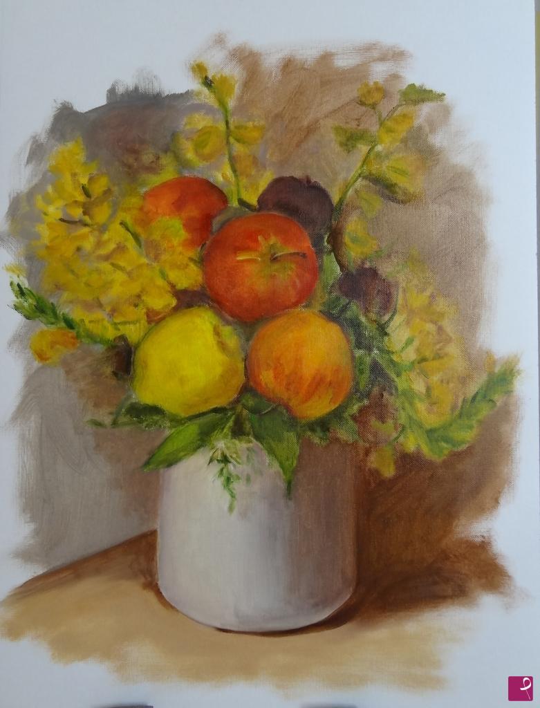 quadri in vendita online - Composizione con fiori e frutta