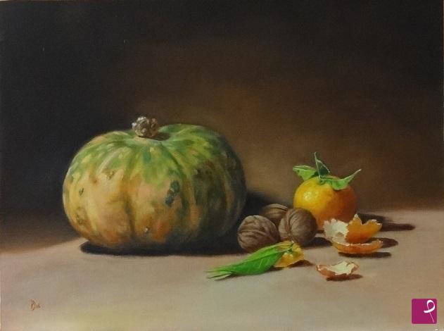 quadri in vendita online - Composizione con zucca, mandarino e noci