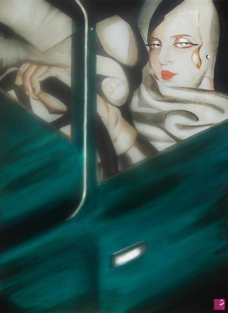 quadri in vendita online - COPIA D'AUTORE-TAMARA DE LEMPICKA, Self-portrait in the green bugatti, olio su tela,55x75cm