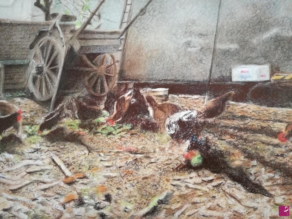quadri in vendita online - Cortile con carro e galline 