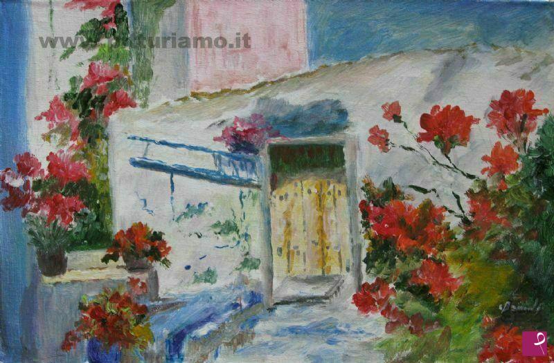 quadri in vendita online - cortile con fiori  di cascinale