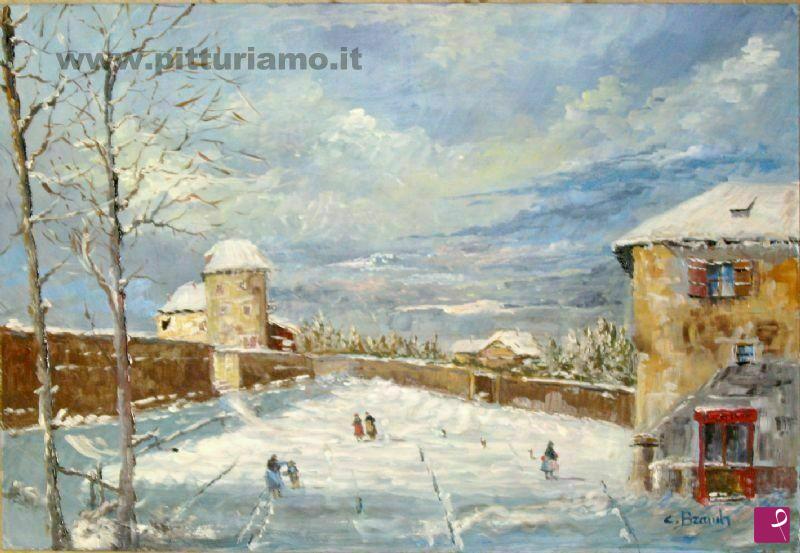 quadri in vendita online - cortile di fattoria piacentina innevato