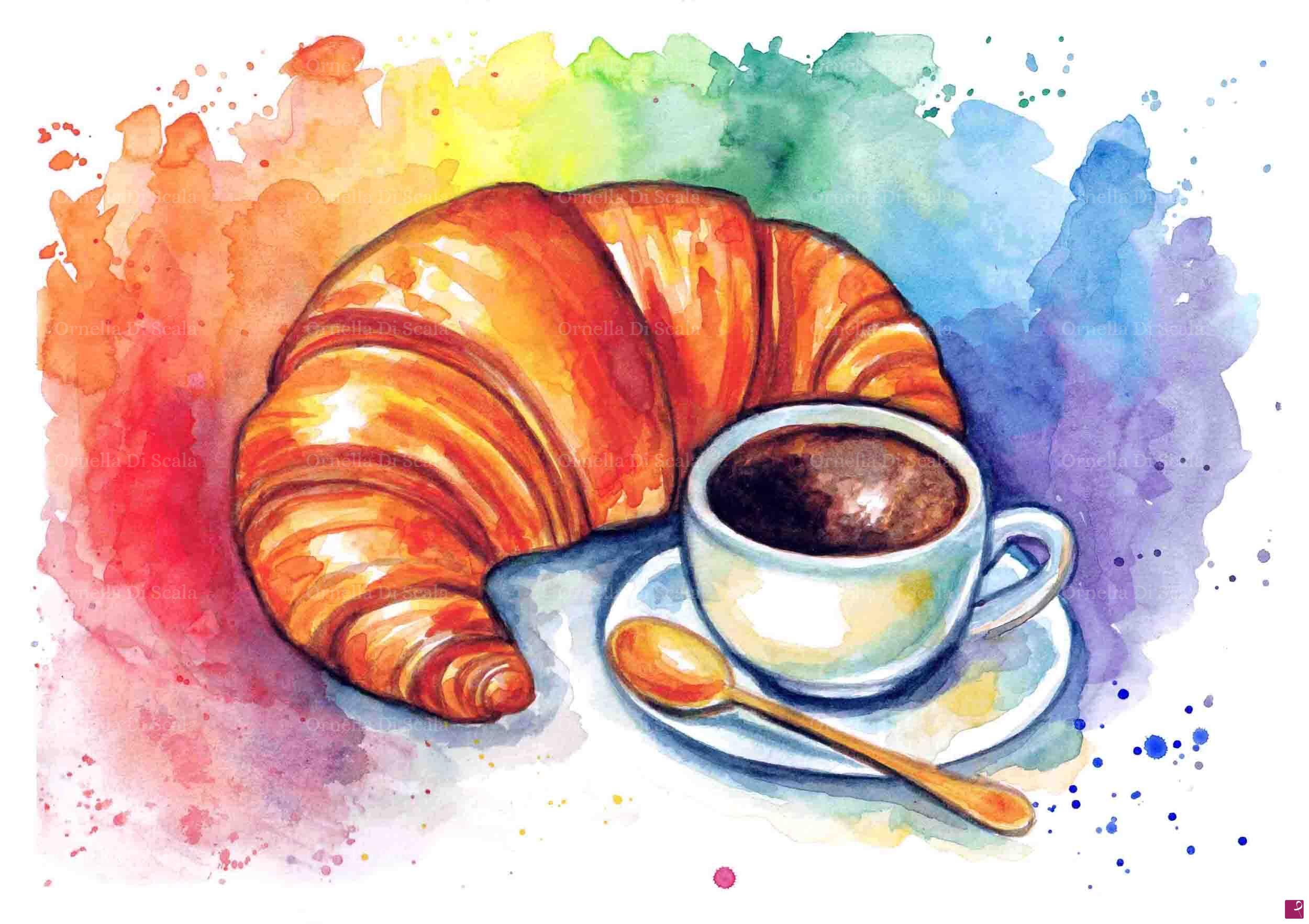 quadri in vendita online - Croissant e caffè acquerello