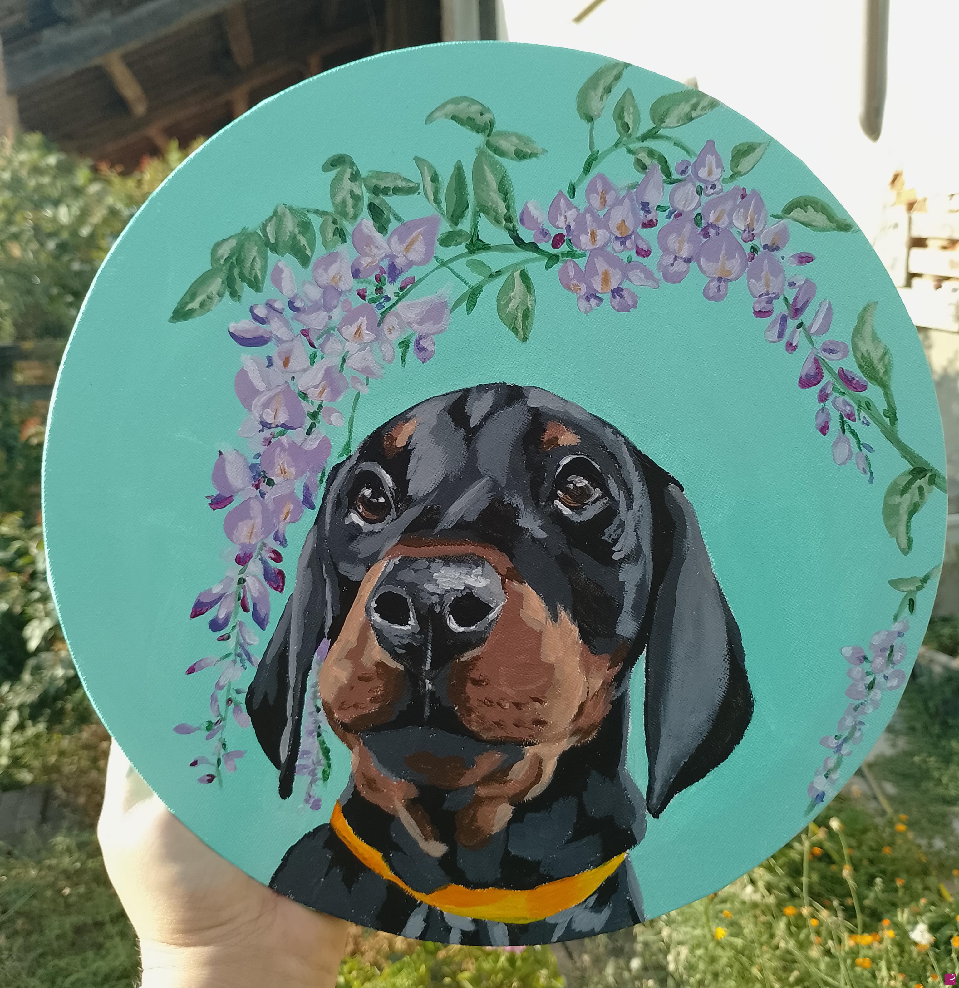 quadri in vendita online - Cucciolo di Dobermann e glicine