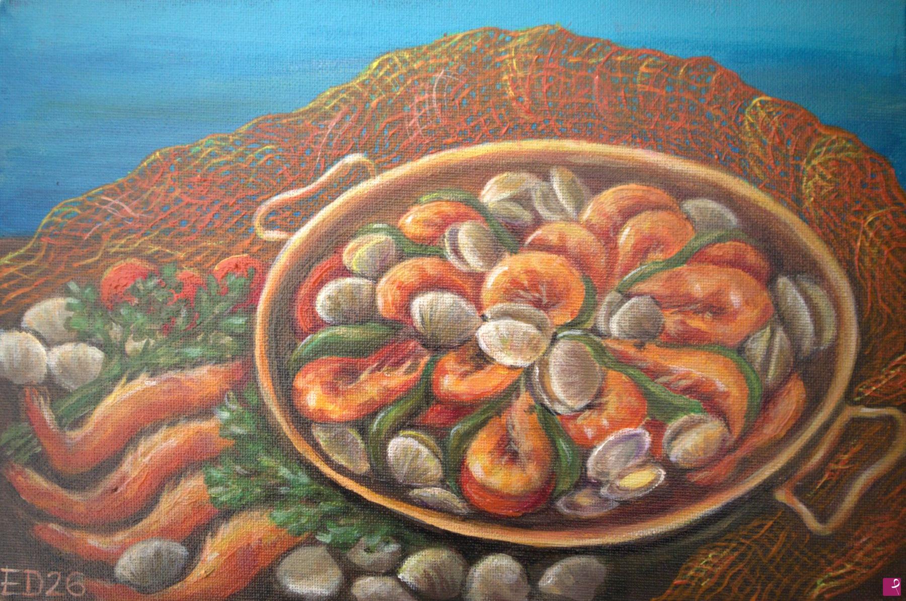 quadri in vendita online - Cucina romagnola. Frutti di mare.