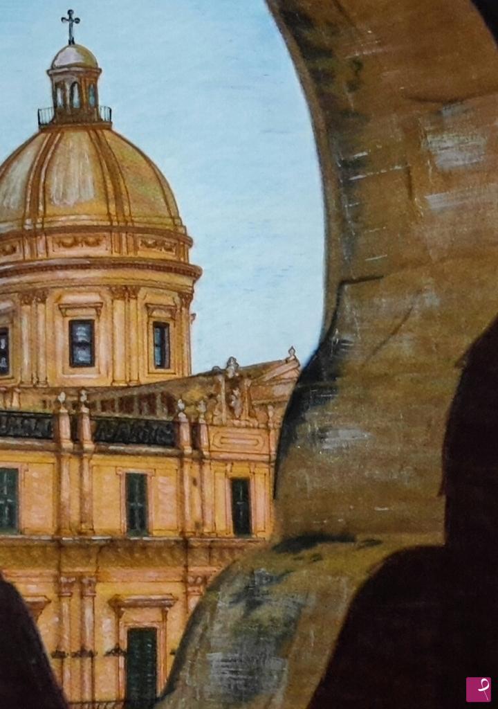 quadri in vendita online - Cupola  della Cattedrale  e parte della facciata del palazzo  Landolina  a  NOTO 