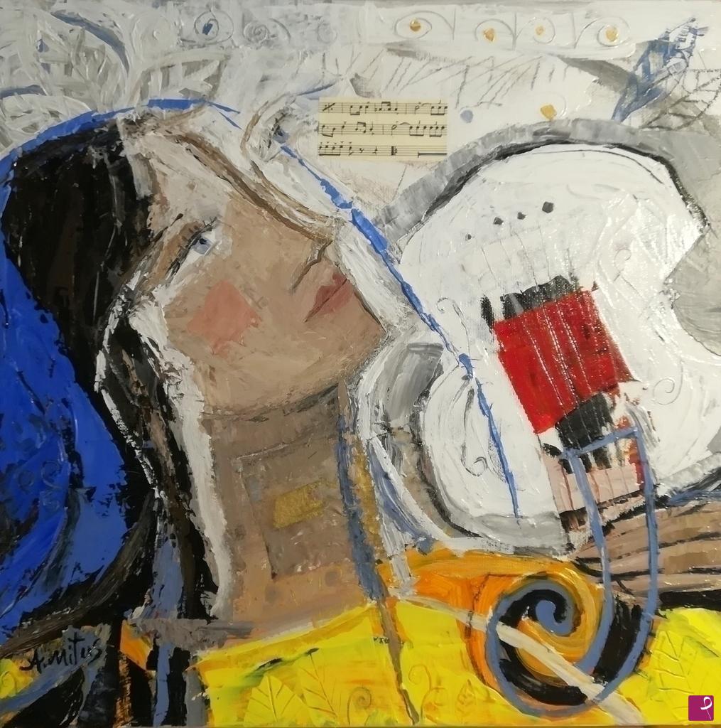 quadri in vendita online - Dama del sole con violino bianco 