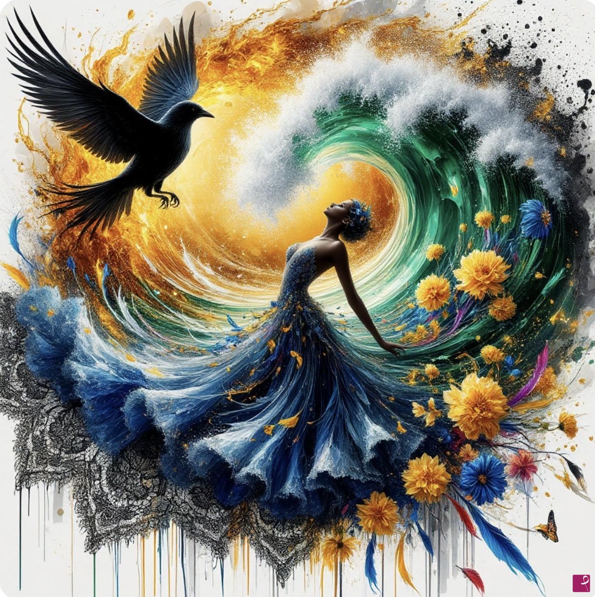 quadri in vendita online - Dancing girl, waves, flowers, bird 