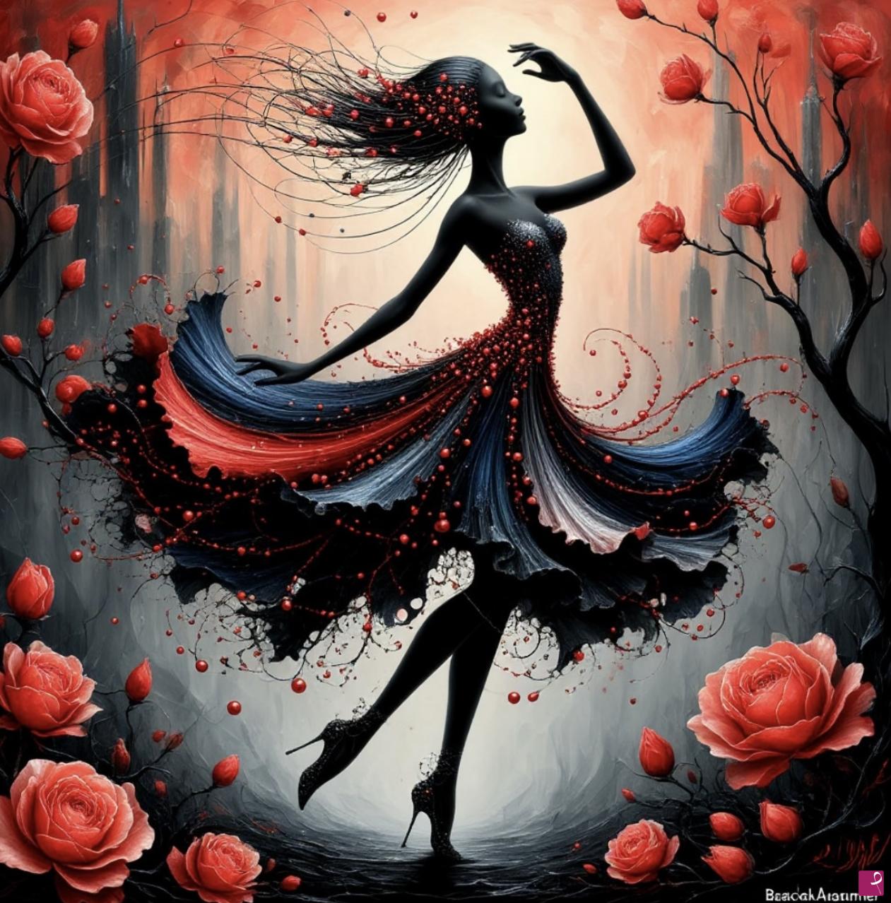 quadri in vendita online - Dancing woman in city flowers 