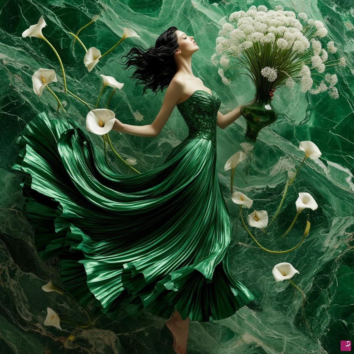 quadri in vendita online - Dancing women in green dress 