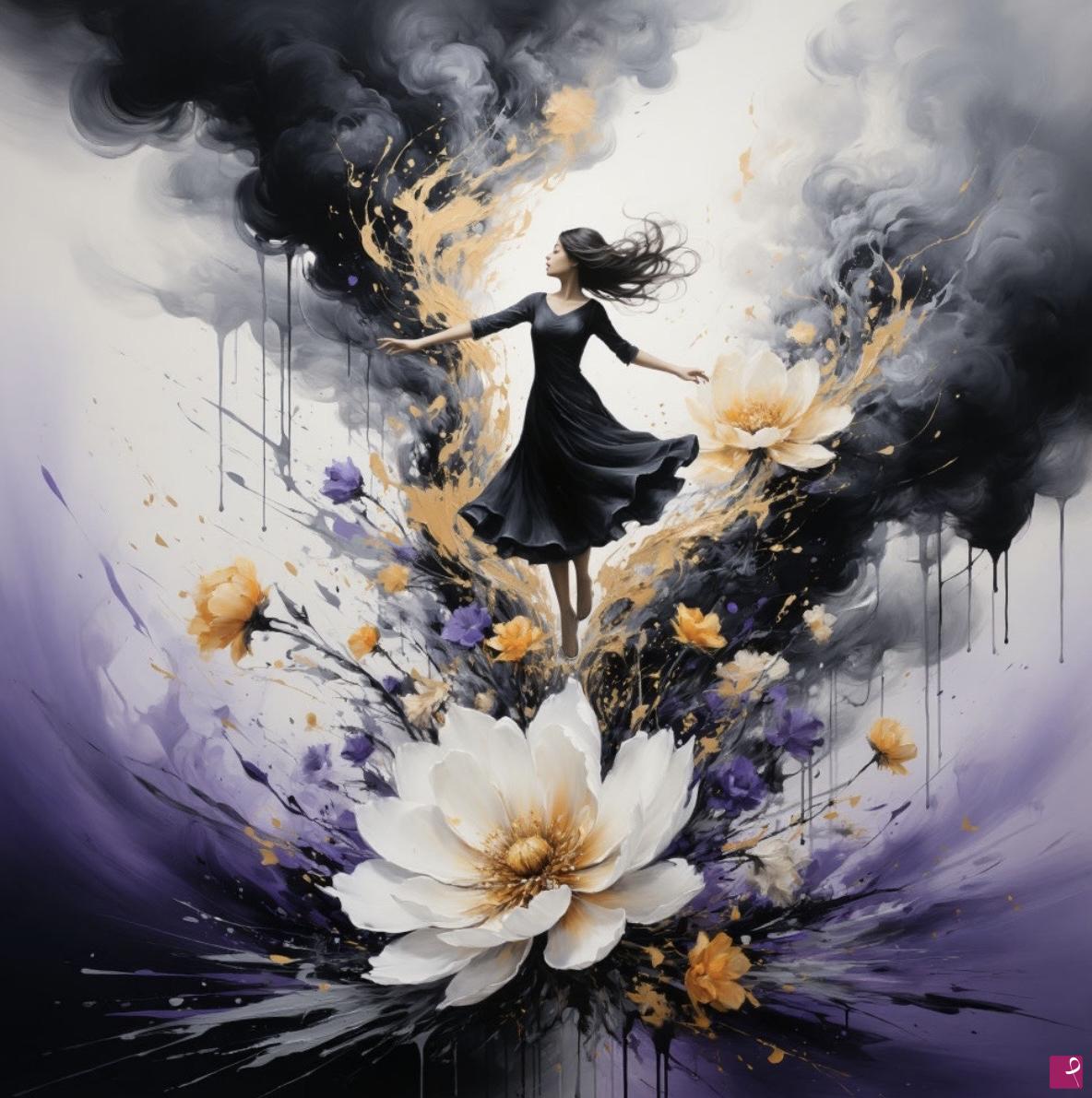 quadri in vendita online - Dancing women on flower and colour smoke