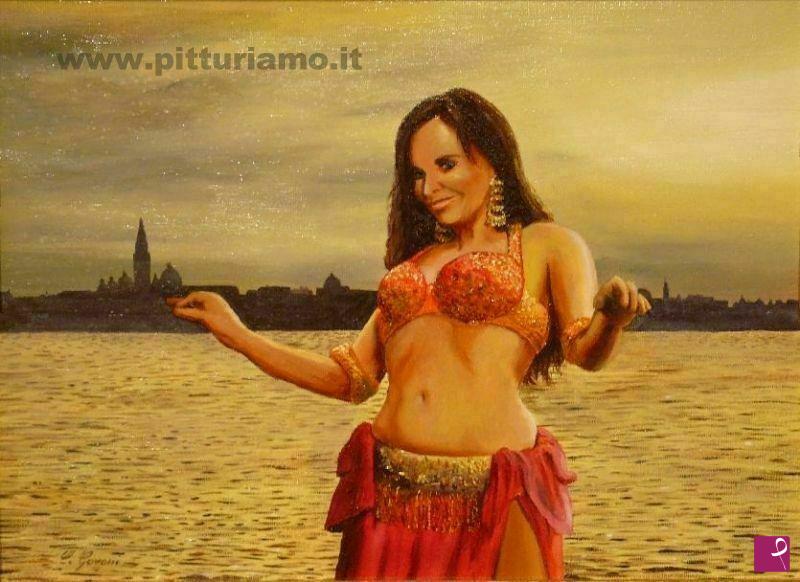 quadri in vendita online - Danzatrice del ventre in costume rosso e laguna di Venezia