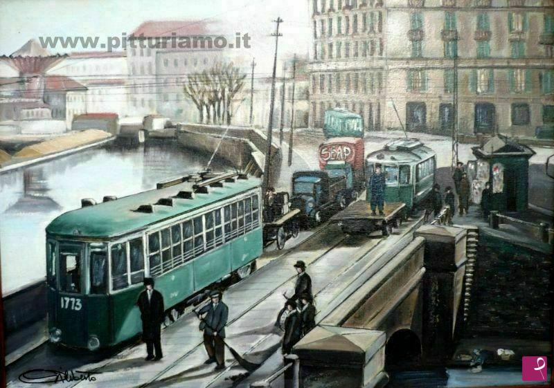 quadri in vendita online - Darsena e ponte dello Scodellino a Milano