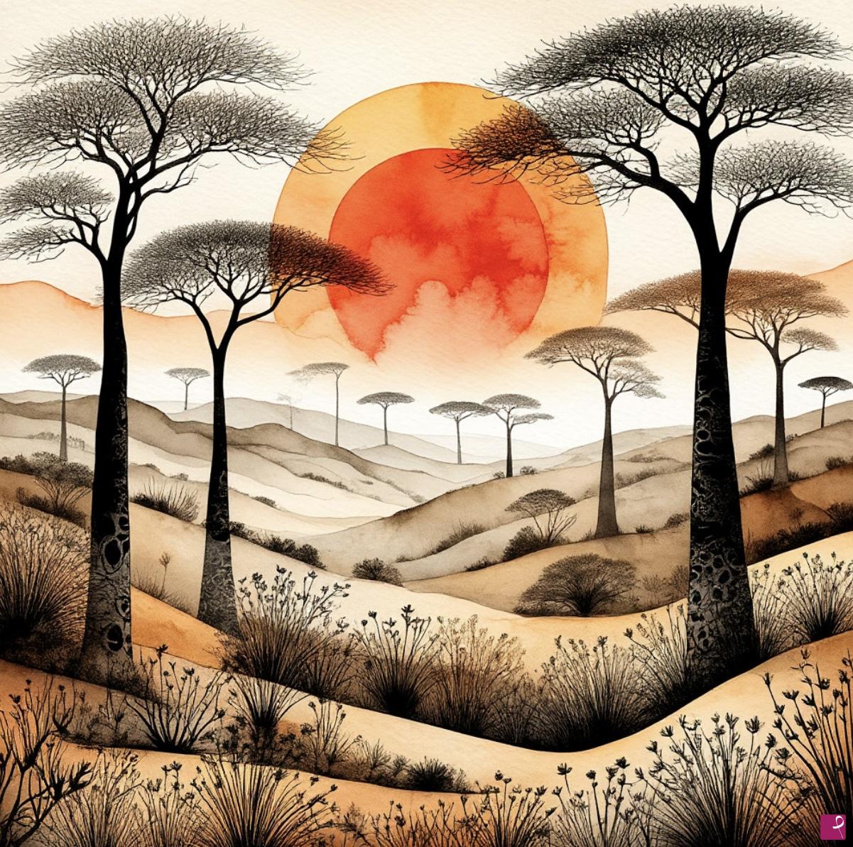 quadri in vendita online - Dawn in the baobab forest