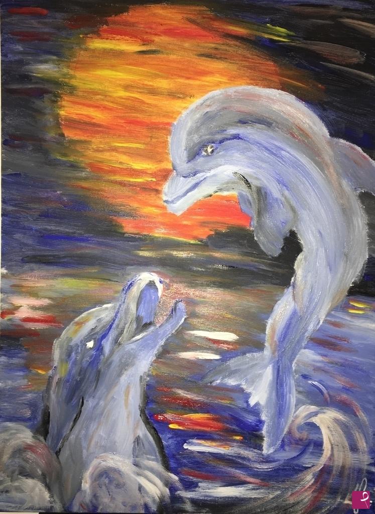 quadri in vendita online - Delfini al tramonto