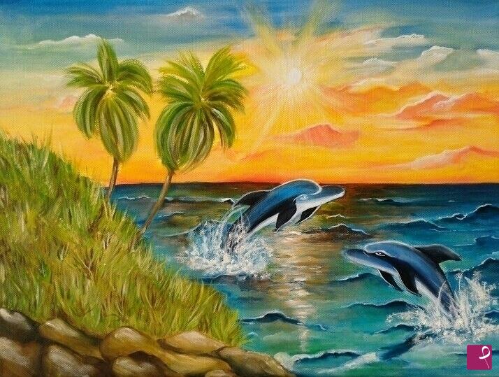 quadri in vendita online - Delfini con tramonto