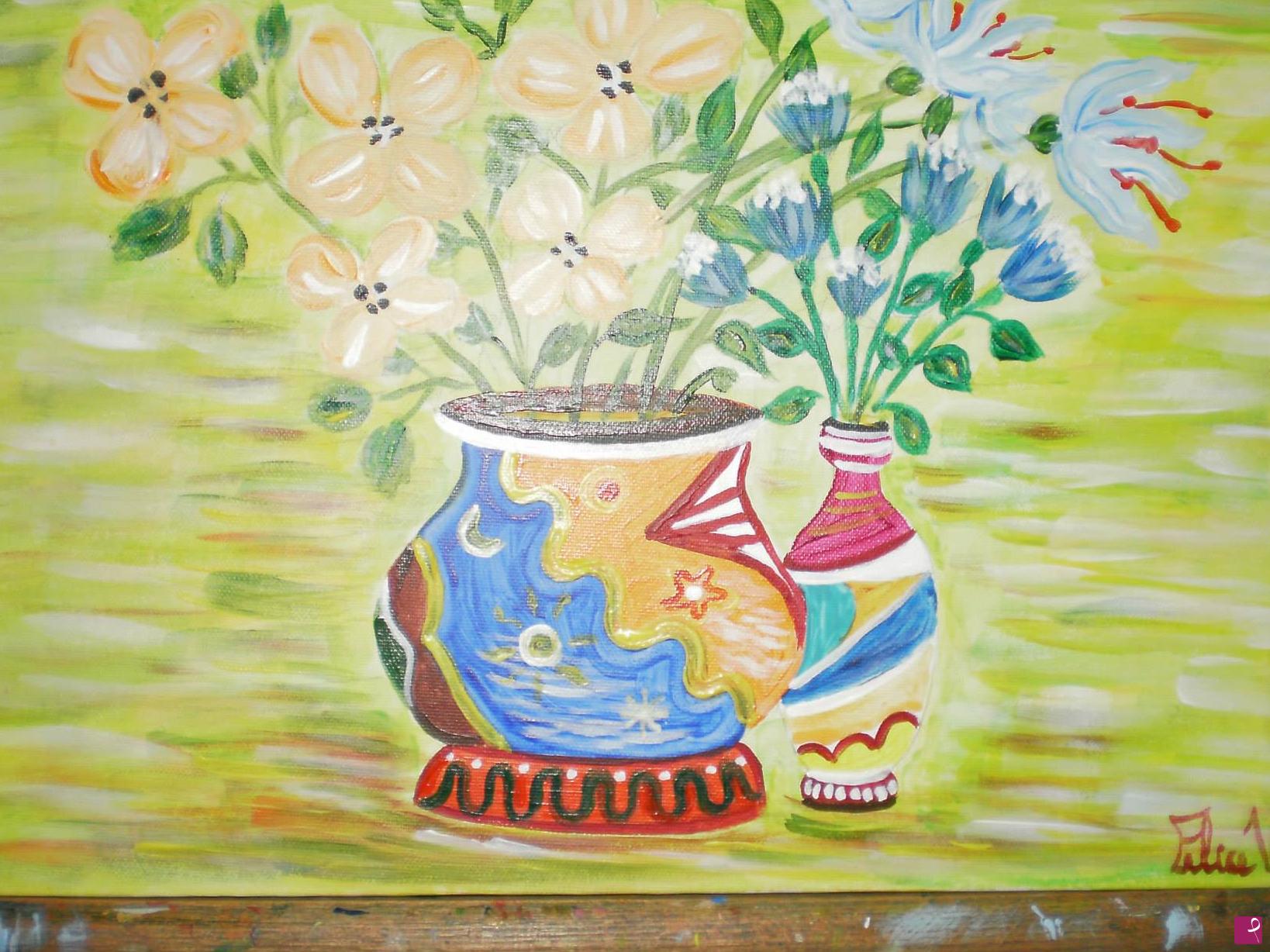 quadri in vendita online - Delicate flowers in mediterranean pots