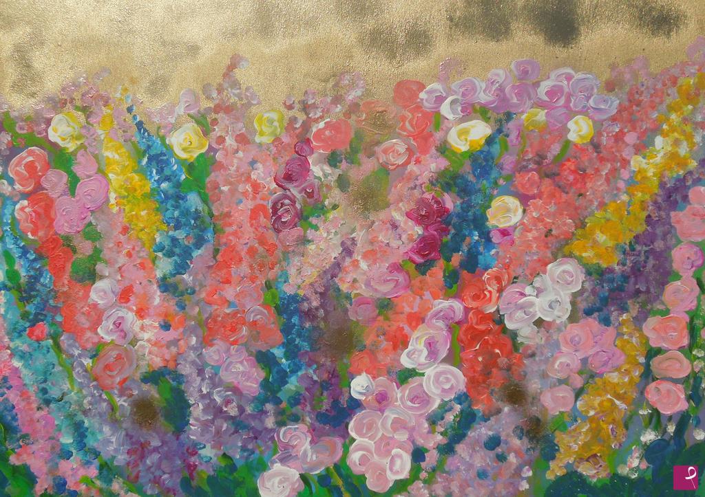 quadri in vendita online - Delphiniums and roses in the garden - 386