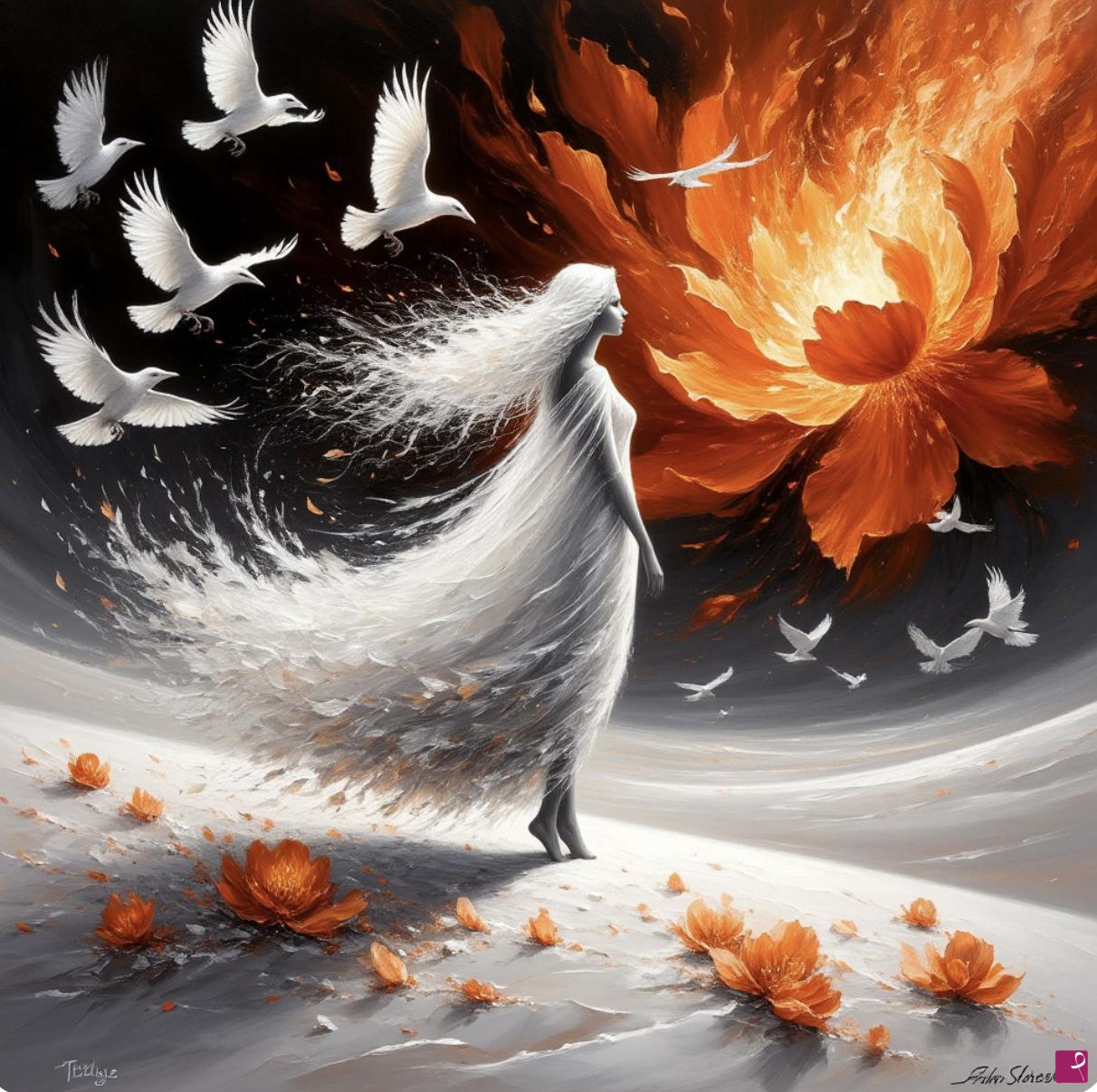 quadri in vendita online - Desert, women in white dress, birds