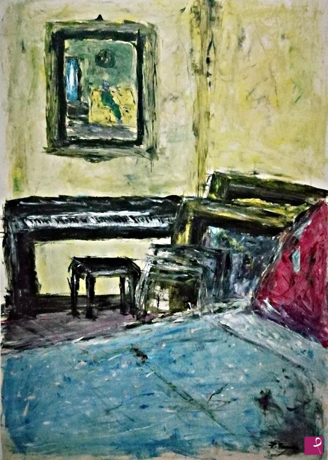 quadri in vendita online - Dettaglio studio con quadri e piano