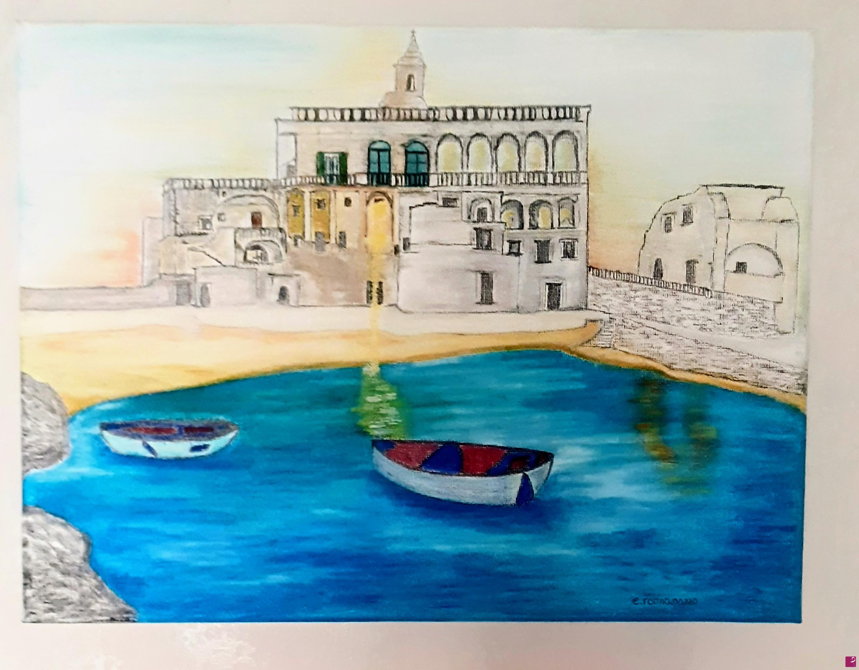 quadri in vendita online - Dipinto olio su tela "Polignano a Mare al tramonto"