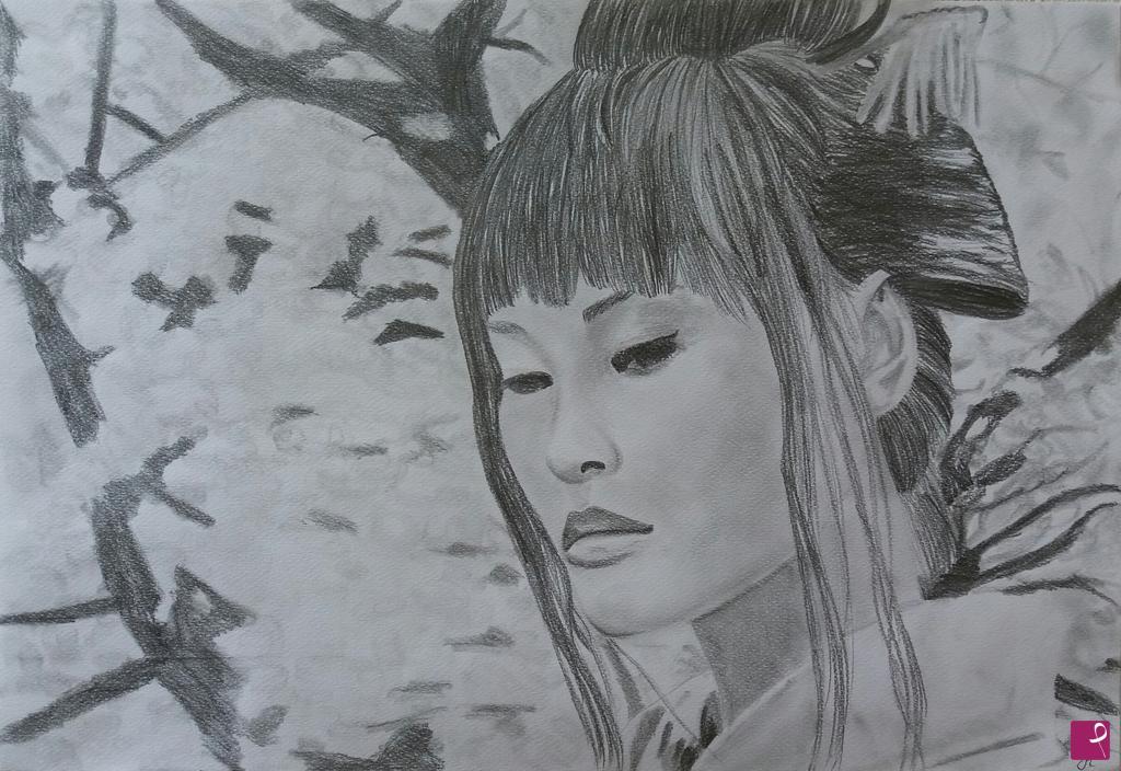 Disegno a matita su carta Ritratto di una geisha