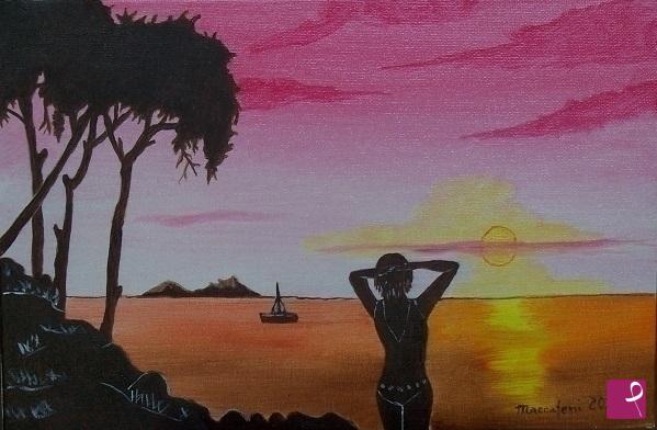 quadri in vendita online - Donna al tramonto con barca