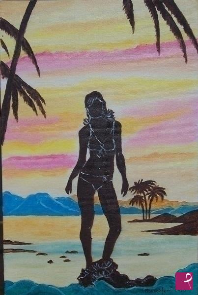 quadri in vendita online - Donna al tramonto su scoglio
