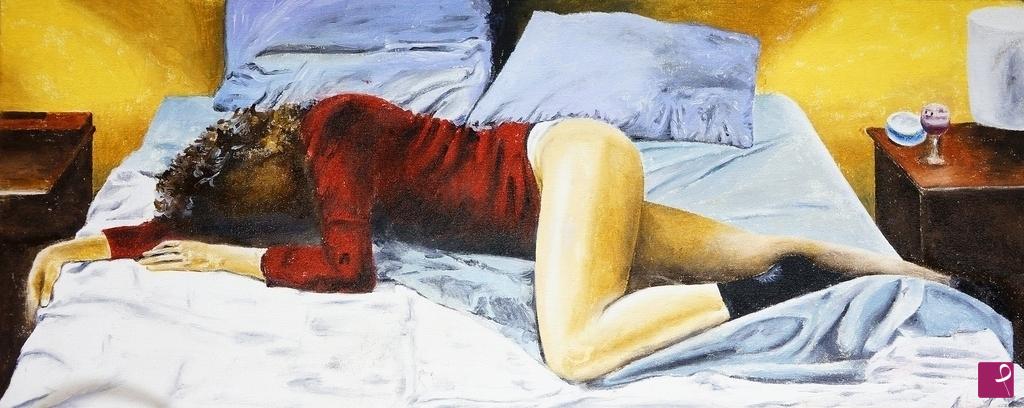 quadri in vendita online - Donna che dorme in calzini neri