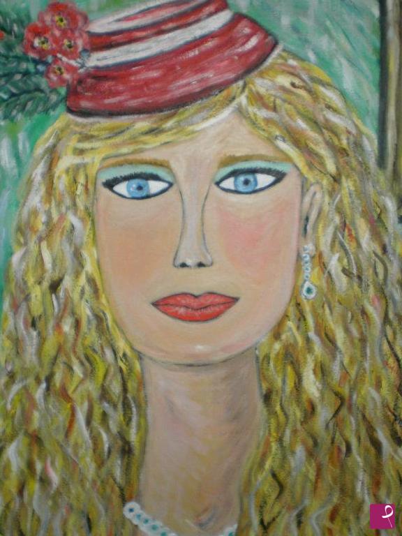 quadri in vendita online - Donna con cappellino rosso