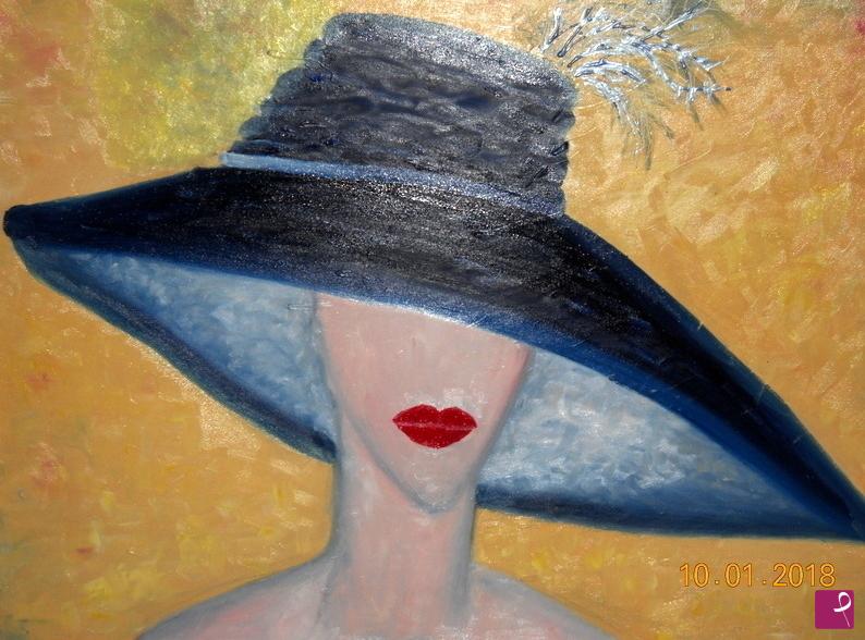 quadri in vendita online - donna  con cappello  e bocca rossa IN MOSTRA AL RISTORANTE  SANTOPALATO PISTOIA 