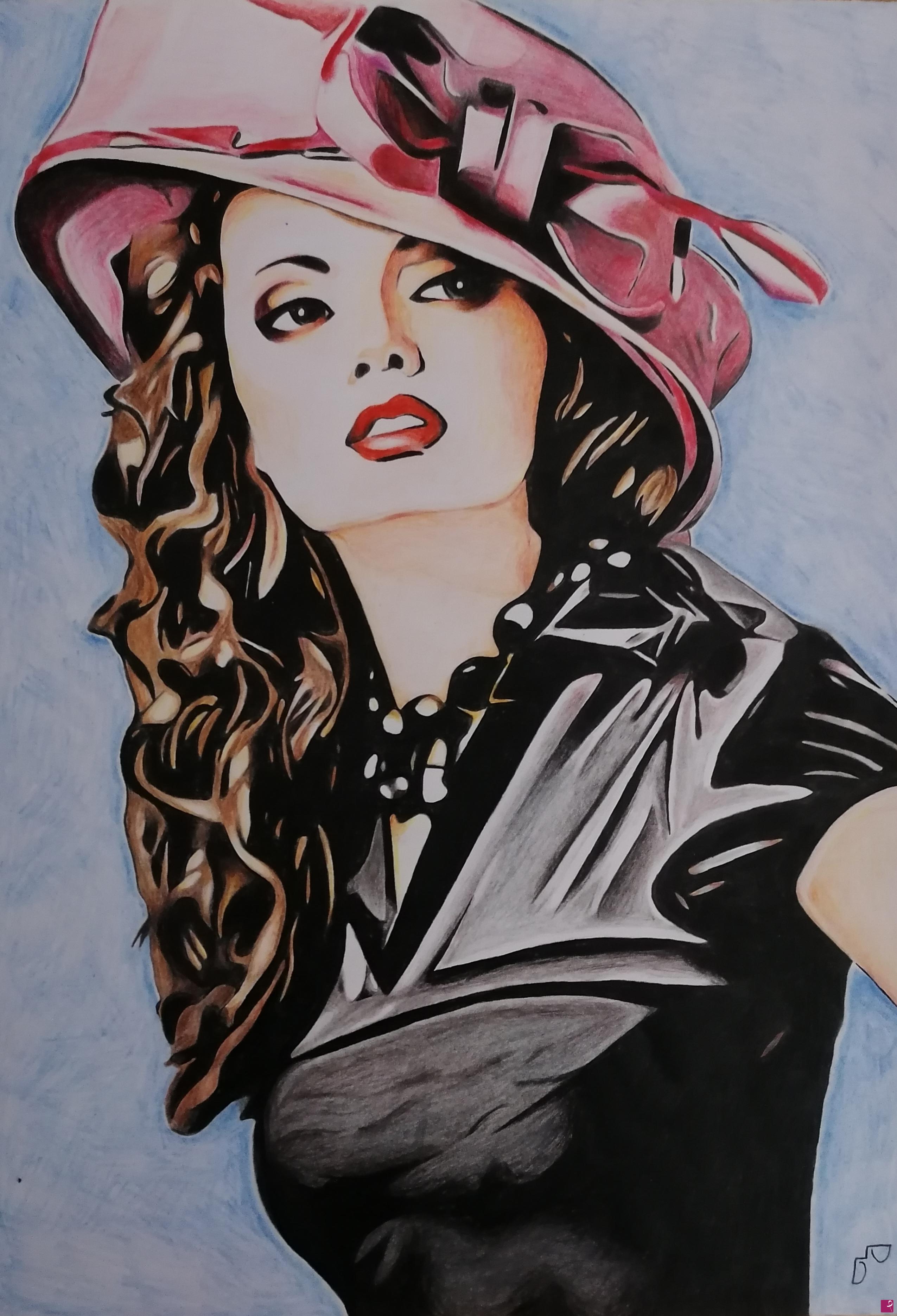 quadri in vendita online - Donna con Cappello Rosa