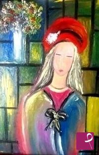 quadri in vendita online - DONNA CON CAPPELLO ROSSO