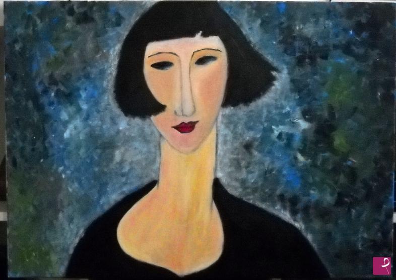 quadri in vendita online - donna  con caschetto IN MOSTRA AL RISTORANTE  SANTOPALATO PISTOIA 