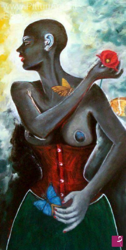 quadri in vendita online - Donna con fiore e farfalle