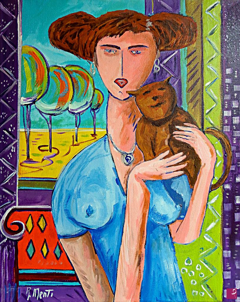 quadri in vendita online - Donna con gatto
