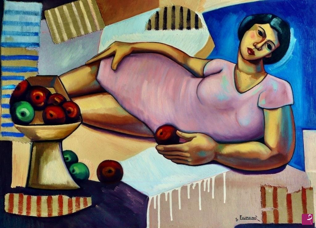quadri in vendita online - Donna con mele rosse è verdi