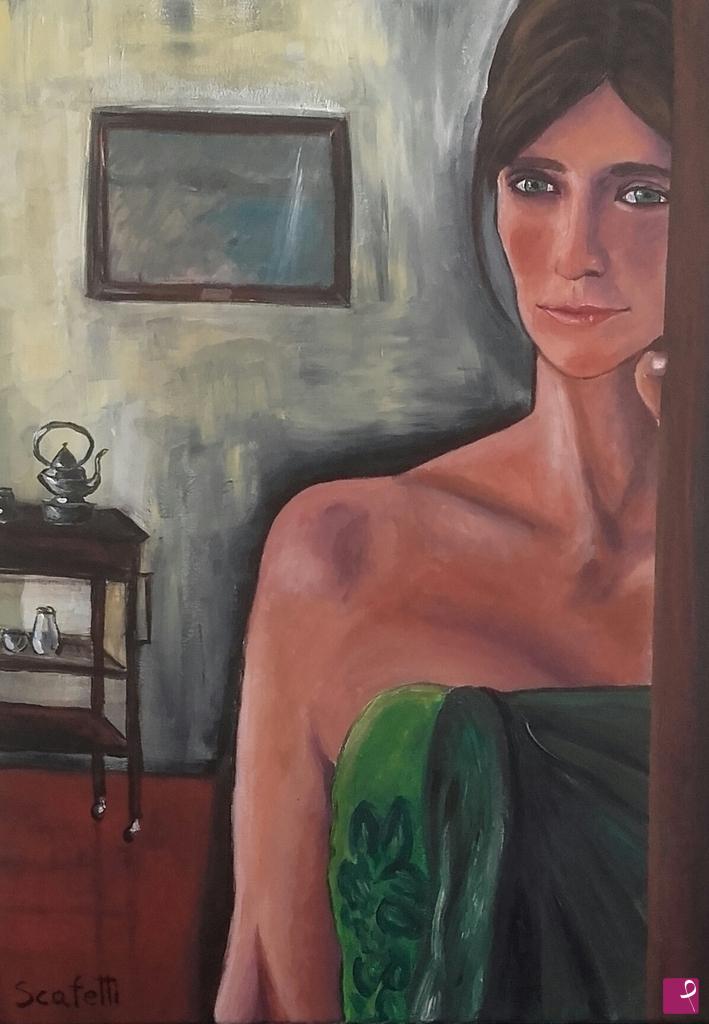 quadri in vendita online - Donna con pareo verde