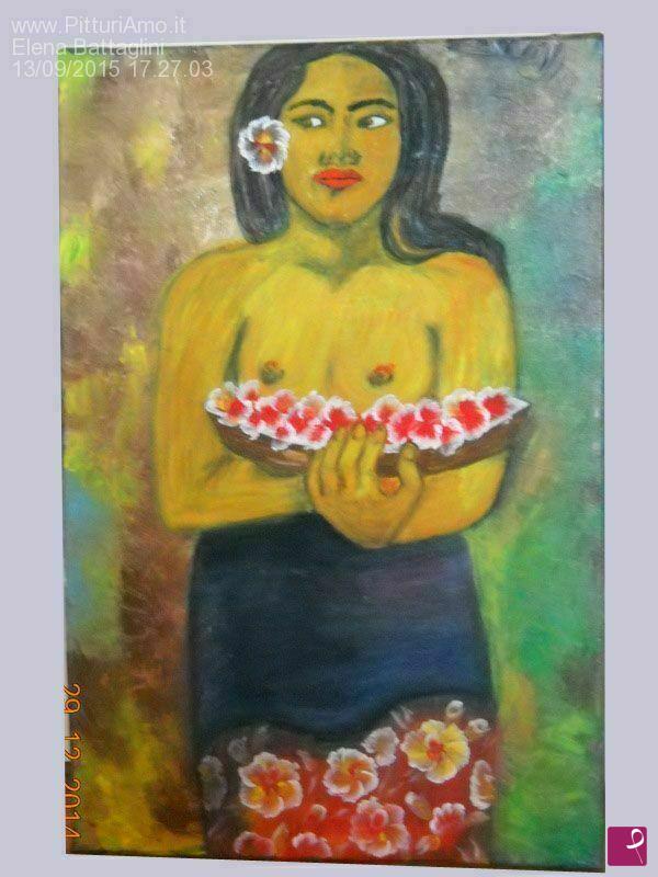 quadri in vendita online - donna con piatto di fiori le donne di Gauguin