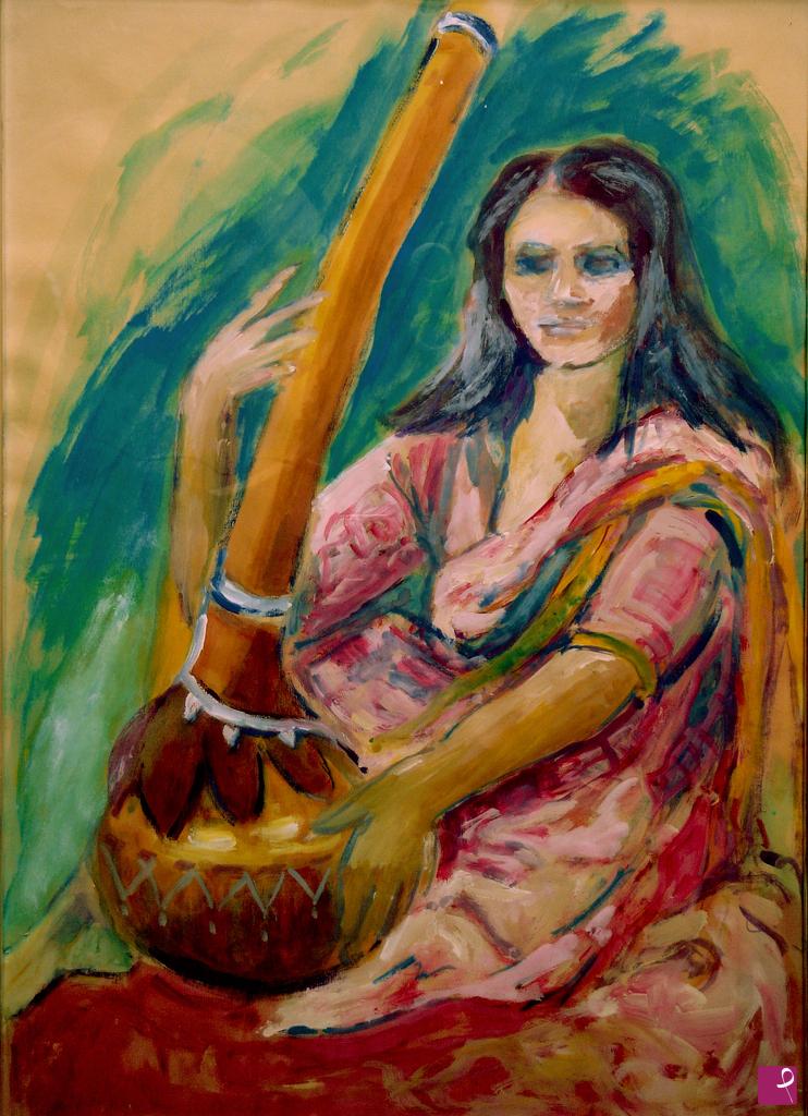 quadri in vendita online - Donna con tipico strumento musicale indiano (Tanpura)