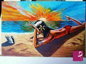 quadri in vendita online - Donna con tramonto