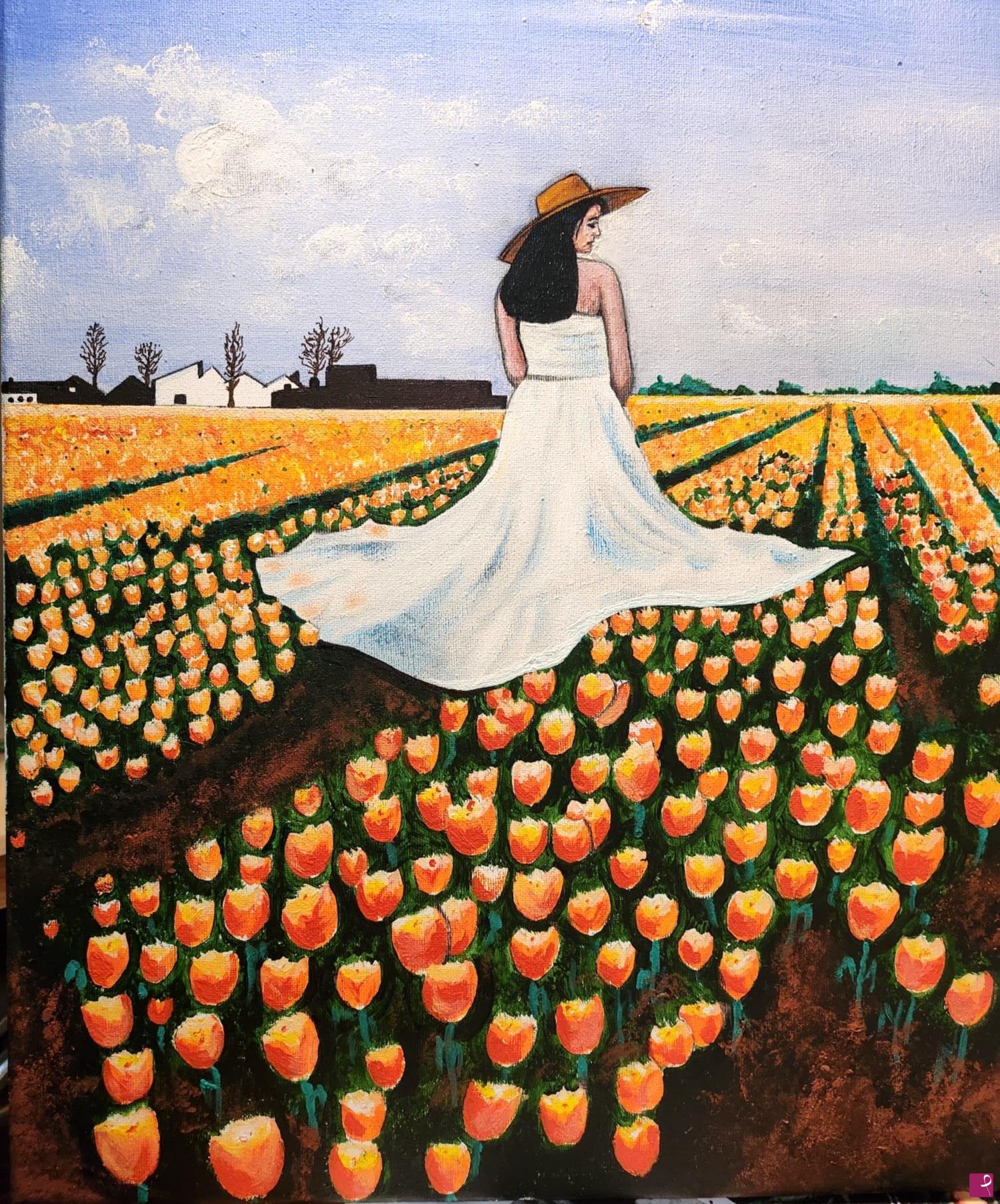 quadri in vendita online - donna con tulipani arancio