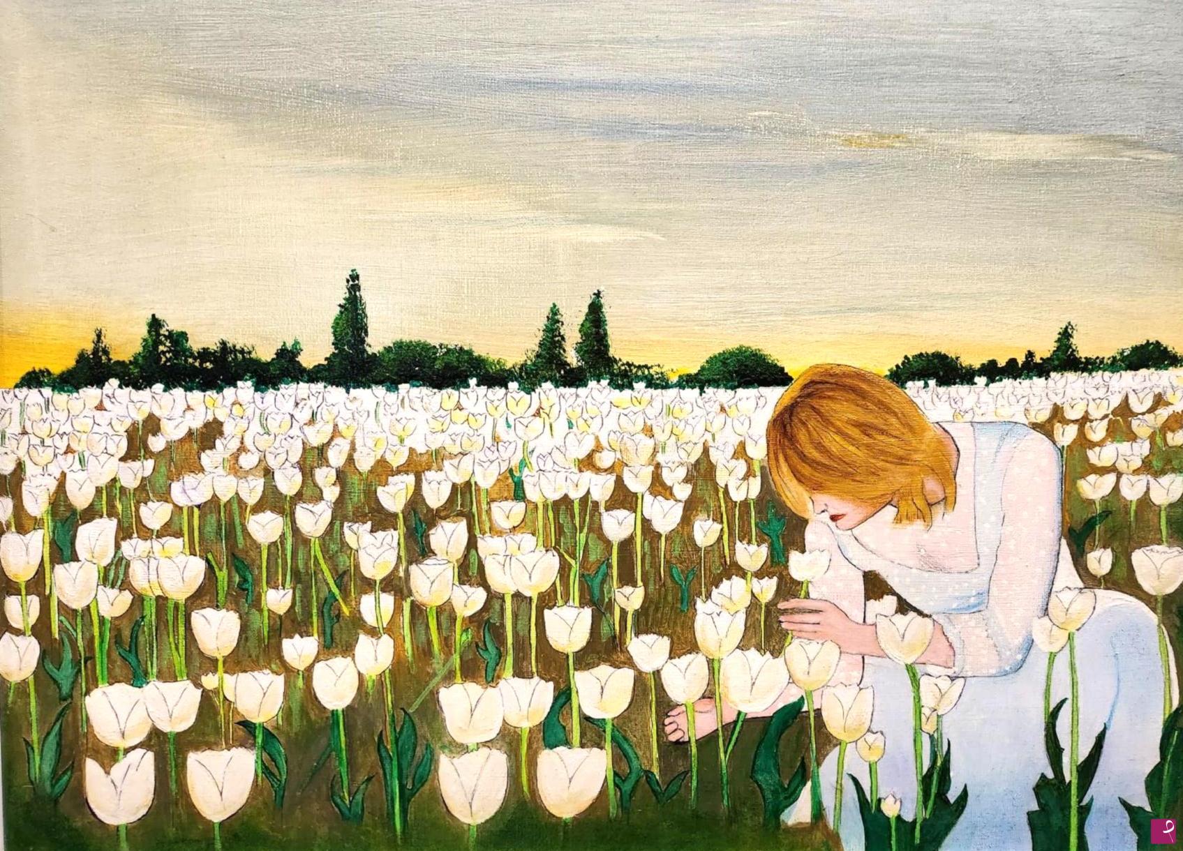 quadri in vendita online - donna con tulipani bianchi