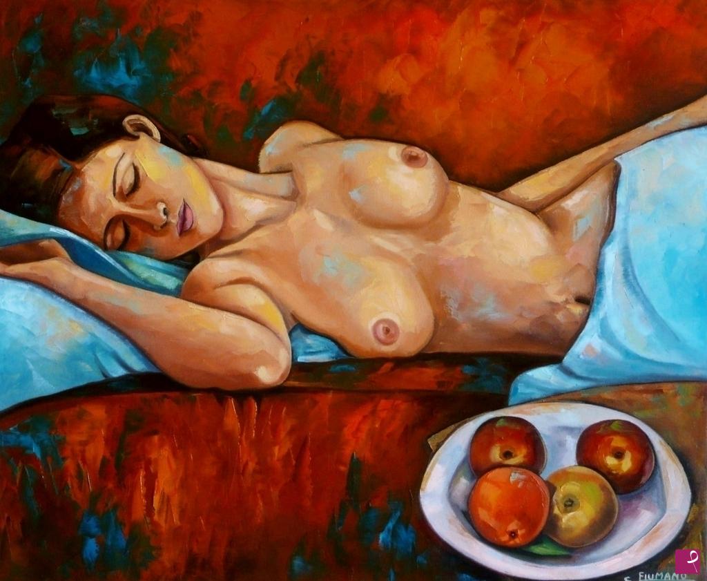 quadri in vendita online - Donna dormiente con fruttiera
