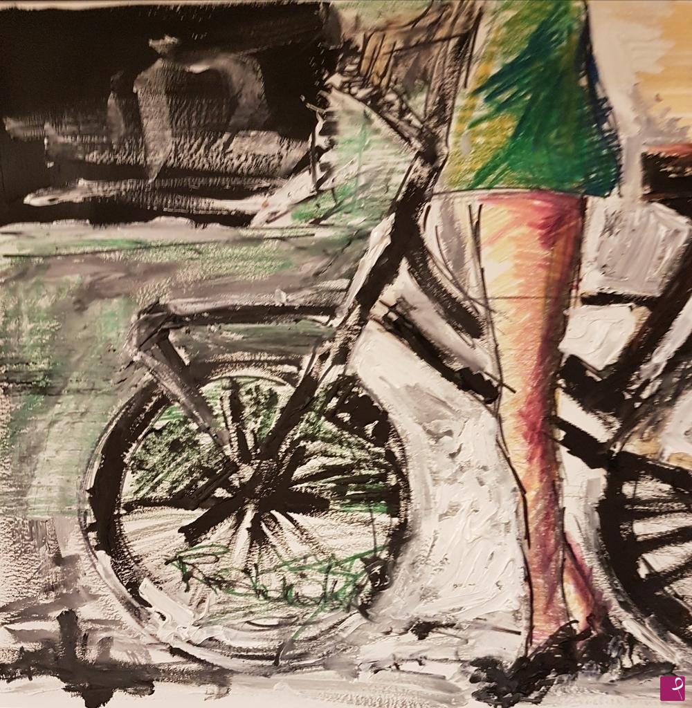 quadri in vendita online - Donna e bicicletta