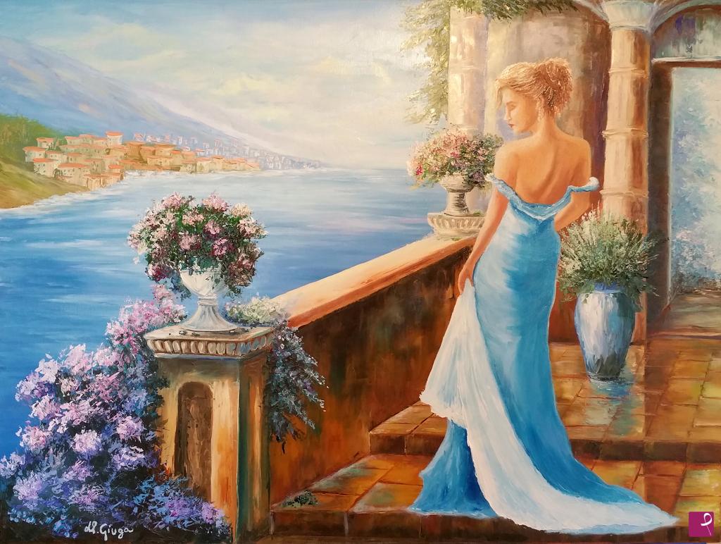 quadri in vendita online - Donna in blu sulle scale