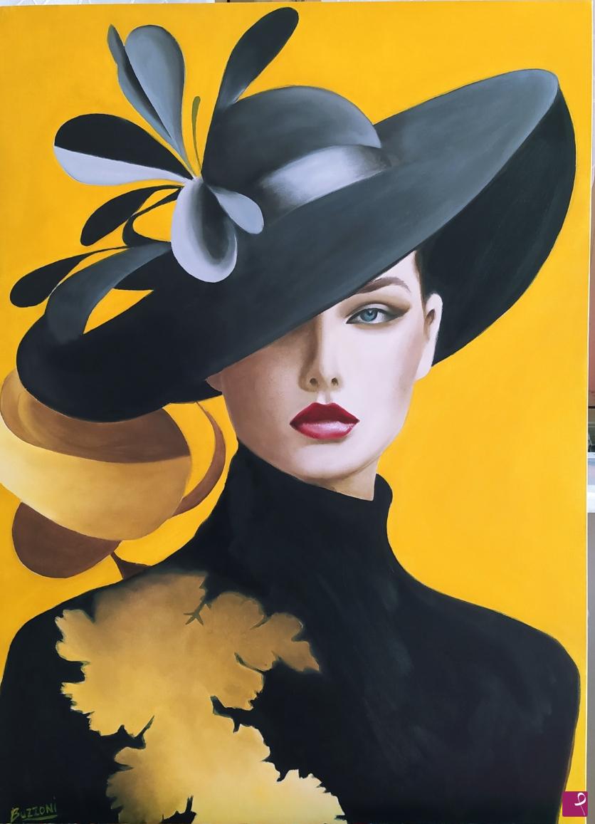 quadri in vendita online - Donna in giallo ritratto buzzoni f. 