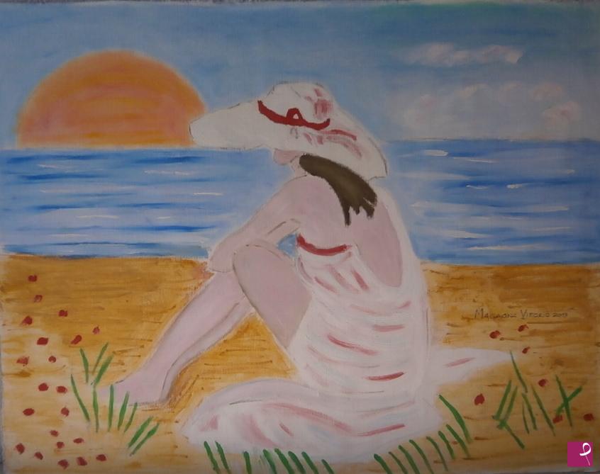 quadri in vendita online - Donna in riva al mare al tramonto
