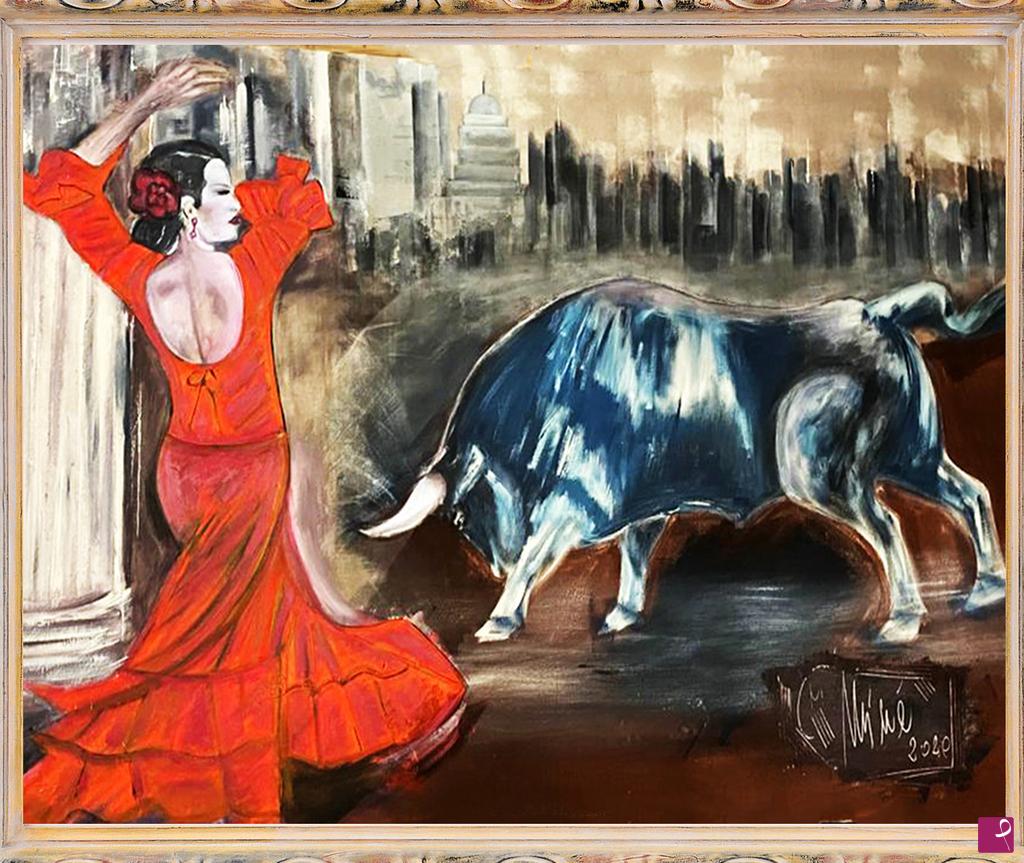 quadri in vendita online - donna in rosso sfida il toro